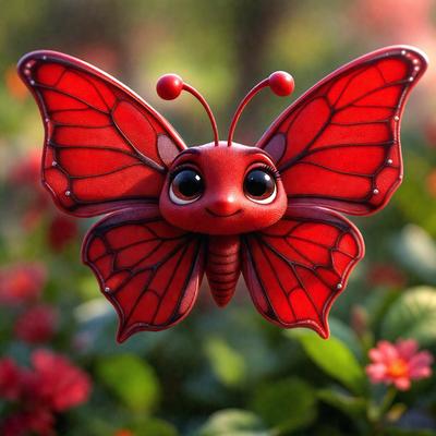 The primary subject of the image is a red butterfly figurine, which is sitting on top of a green plant. The setting is a garden, with a variety of flowers surrounding the butterfly. The visual style is a combination of digital art and illustration, creating a whimsical and charming appearance. The dominant colors are red and green, with the red butterfly and green plant creating a vibrant and lively atmosphere.